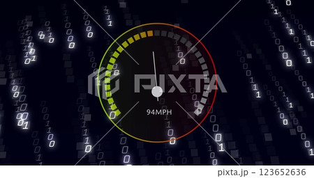 Image of speedometer over data processing on black background Image of speedometer over data processing on black background 123652636
