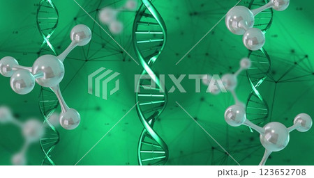 Image of dna strand spinning and data with connections on green background Image of dna strand spinning and data with connections on green background 123652708
