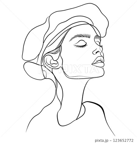 minimalist line art illustration of woman with closed eyes, wearing hat, exuding serene and contemplative expression 123652772