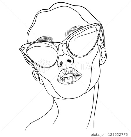 minimalist line art illustration of woman wearing oversized sunglasses, showcasing elegance and style. design emphasizes facial features and fashion 123652776
