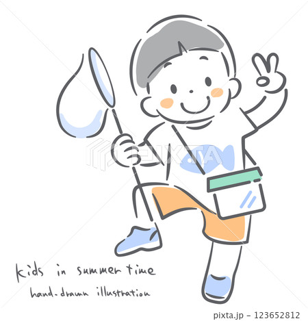 夏を楽しむこども達 手描き風のかわいい線画イラスト 夏を楽しむこども達 手描き風のかわいい線画イラスト 123652812