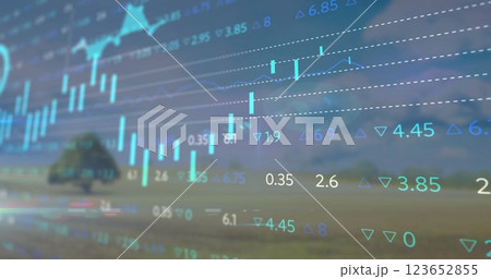 Financial data and stock market analysis image over outdoor landscape 123652855