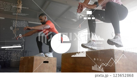 Image of data processing and diagrams over diverse sports people jumping on boxes at gym Image of data processing and diagrams over diverse sports people jumping on boxes at gym 123652868