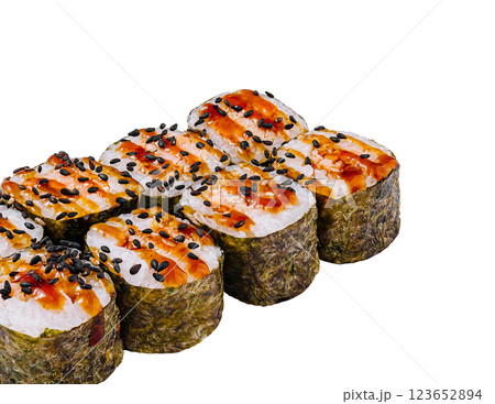 Eight sushi rolls with eel and sesame seeds on white background 123652894