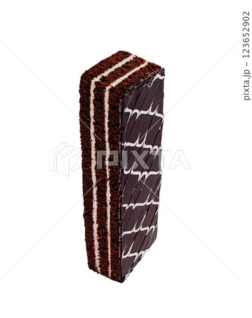 Chocolate cake with white chocolate decoration isolated on white background 123652902