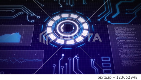 Image of scope scanning with data processing over computer circuit board on black background Image of scope scanning with data processing over computer circuit board on black background 123652948