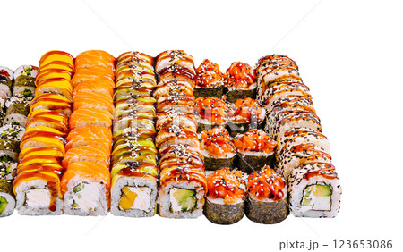 Variety of sushi rolls arranged neatly on a white background Variety of sushi rolls arranged neatly on a white background 123653086