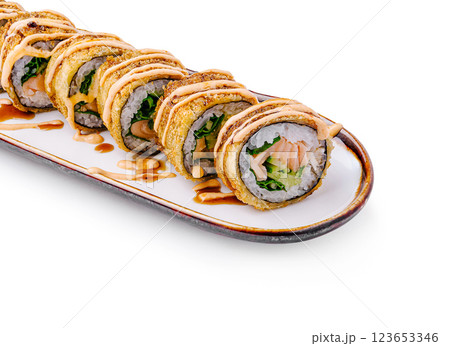 Unique fried sushi rolls presented on a decorative plate 123653346