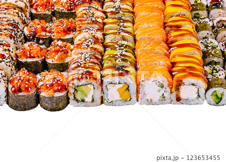 Sushi platter with various rolls, seafood, and colorful toppings 123653455