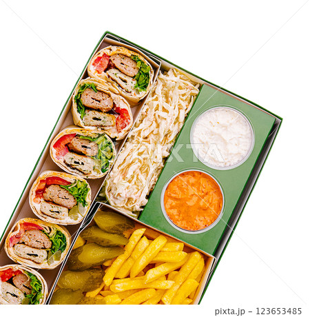Delicious wrap platter with sides and sauces for sharing 123653485