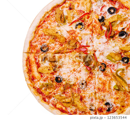 Delicious pizza topped with olives and peppers served on a plate 123653544