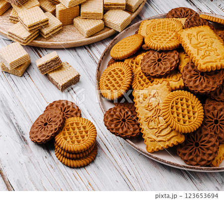 Crunchy cookies on a wooden surface in a cozy setting 123653694
