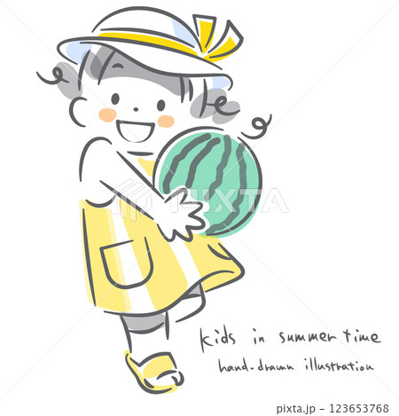 夏を楽しむこども達　手描き風のかわいい線画イラスト 123653768