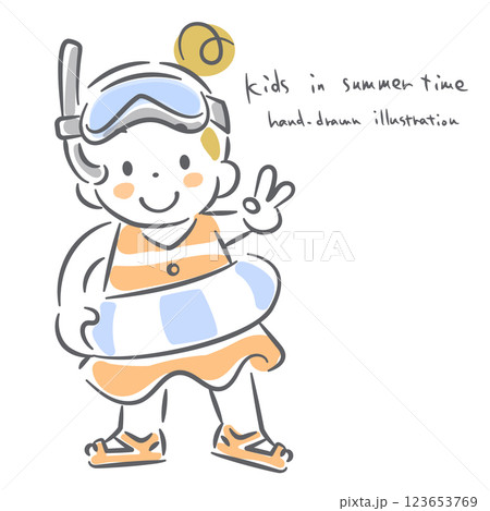 夏を楽しむこども達 手描き風のかわいい線画イラスト 夏を楽しむこども達 手描き風のかわいい線画イラスト 123653769