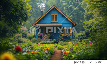 Charming blue cottage surrounded by lush garden and vibrant flowers, AI Generative Charming blue cottage surrounded by lush garden and vibrant flowers, AI Generative 123653850