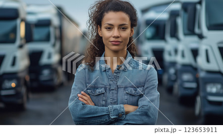 Confident female truck driver standing in front of fleet of trucks in denim jacket, AI Generative Confident female truck driver standing in front of fleet of trucks in denim jacket, AI Generative 123653911