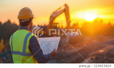 Construction worker reviewing blueprints at sunset with excavator in background, AI Generative 123653924