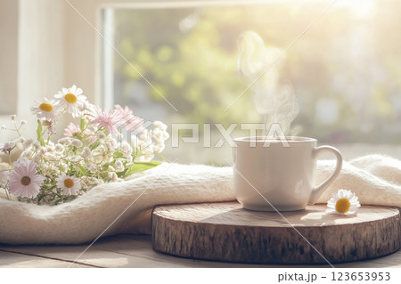 Morning coffee surrounded by wildflowers and cozy blanket by a window, AI Generative Morning coffee surrounded by wildflowers and cozy blanket by a window, AI Generative 123653953