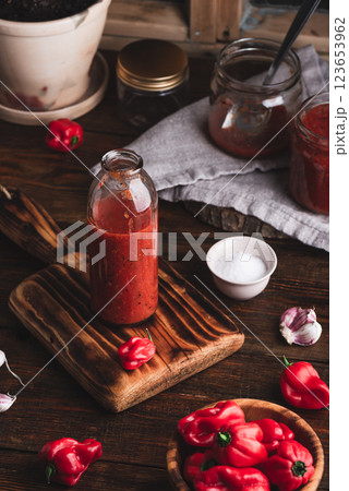 Bottle of Hot Chili Sauce with Habanero Peppers, Charred Bell Peppers and Tomatoes Bottle of Hot Chili Sauce with Habanero Peppers, Charred Bell Peppers and Tomatoes 123653962