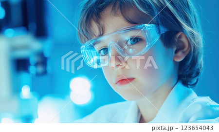 Young scientist in blue laboratory with protective goggles and focused expression, AI Generative 123654043