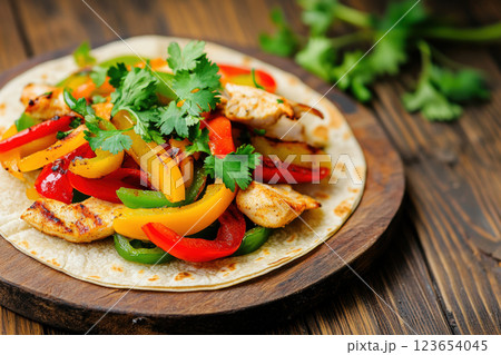 Grilled chicken fajitas with colorful bell peppers and cilantro on a wooden board, AI Generative Grilled chicken fajitas with colorful bell peppers and cilantro on a wooden board, AI Generative 123654045