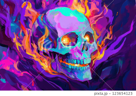 Vivid colorful skull with fiery glowing eyes in abstract digital art, AI Generative 123654123