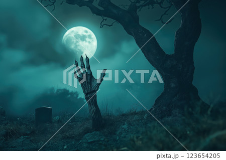 Graveyard Horror Scene with Full Moon and Rising Zombie Hand, AI Generative 123654205