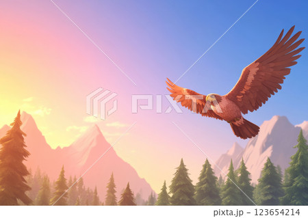 Majestic Eagle Soaring Above Scenic Mountain Landscape at Sunset, AI Generative 123654214
