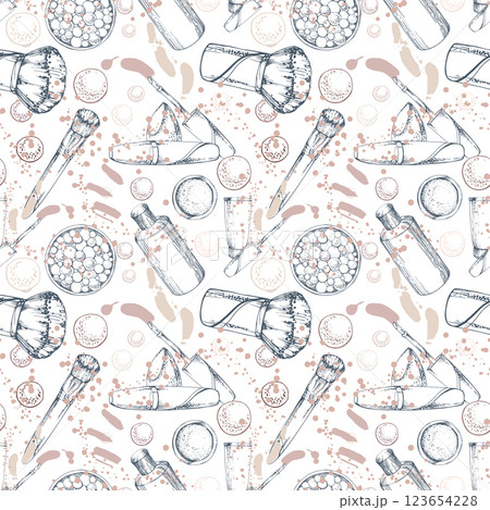 Nude make-up palette powder balls, blush eyeshadow, conical sponge, mist spray bottle. Detailed hand drawn line vector ink sketch, isolated seamless pattern. Beauty parlor illustration, cosmetics shop 123654228