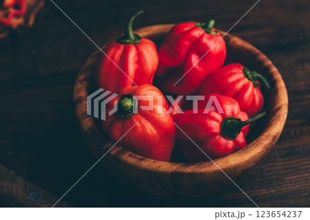 Bowl Full of Red Habanero Peppers 123654237