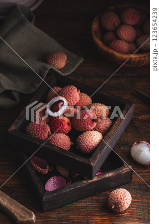 Small Box Full of Lychee Fruits 123654239