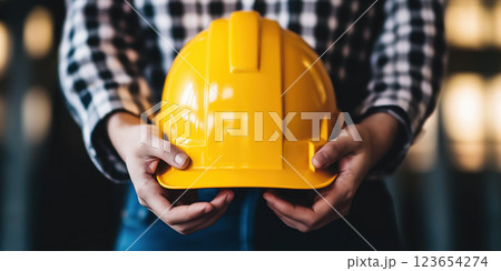 Worker holding yellow hard hat in safety gear, focus on protection and construction, AI Generative 123654274