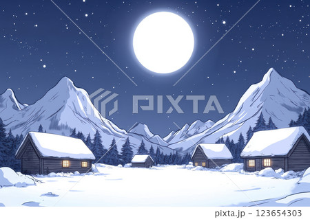 Serene Snowy Mountain Village Under a Full Moonlit Sky, AI Generative 123654303