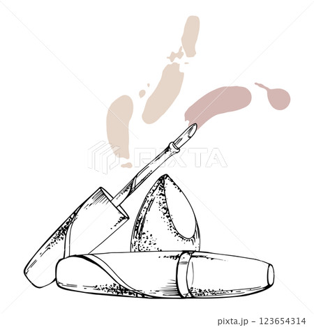 Make-up blending conical sponge, nude lipstick gloss balm highlighter foundation concealer. Line vector sketch hand drawn in ink, isolated composition. Beauty parlor salon illustration, cosmetics shop 123654314