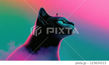 Vibrant Cat Silhouette with Neon Gradient Background Art, AI Generative 123654315