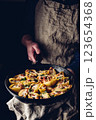 Skillet of pasta stuffed with ground beef, spinach and cheese 123654368