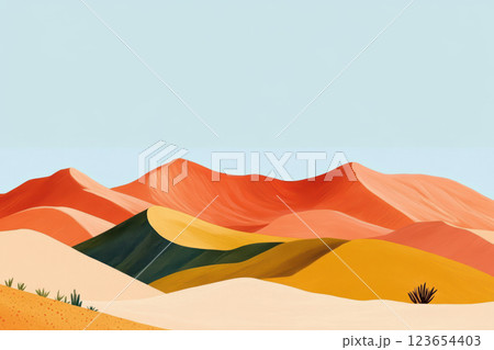 Minimalist desert landscape with colorful abstract sand dunes and clear blue sky, AI Generative 123654403