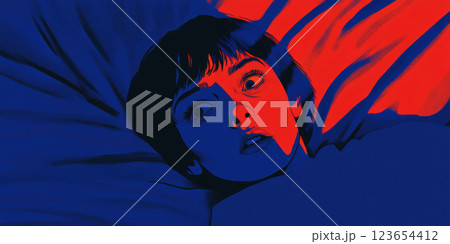 Surreal illustration of a woman in blue and red light with an expression of surprise or fear, AI Generative 123654412