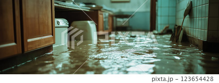 Flooded kitchen interior with water covering the floor in a modern home, AI Generative 123654428