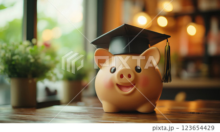 Piggy bank with graduation cap symbolizing savings for education and financial literacy, AI Generative 123654429
