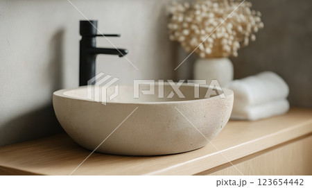 Minimalist bathroom with a stone sink and a black faucet, AI Generative 123654442