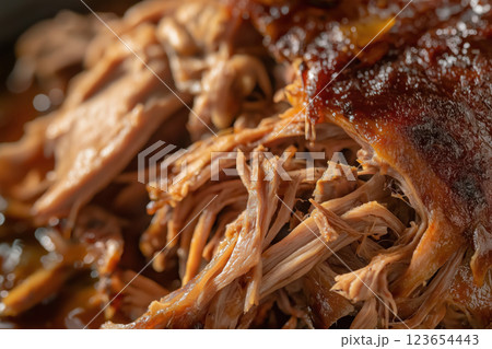 Delicious pulled pork close up showcasing tender, juicy, and flavorful slow cooked meat, AI Generative 123654443
