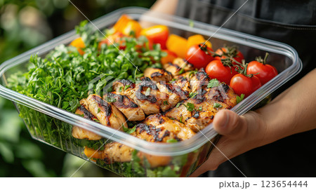 Fresh grilled chicken salad with cherry tomatoes and mixed greens in a container, AI Generative 123654444