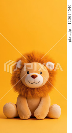 Cute plush lion toy on vibrant yellow background, AI Generative 123654546