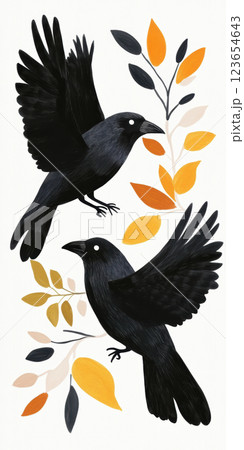 Illustrated crows with colorful autumn leaves in flight, AI Generative 123654643
