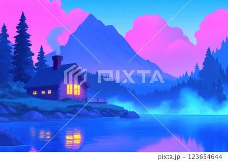 Serene Mountain Cabin at Sunset with Reflective Lake, AI Generative 123654644