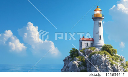 Scenic lighthouse on rocky coast under blue sky with fluffy clouds, AI Generative 123654645