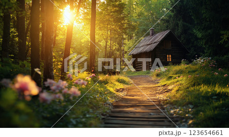 Enchanting woodland cabin at sunrise with a serene flower lined path, AI Generative 123654661