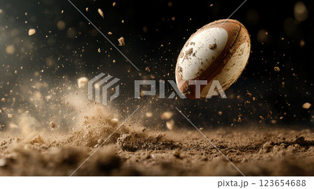 Dynamic rugby ball flying through dirt in a dramatic action scene, AI Generative 123654688