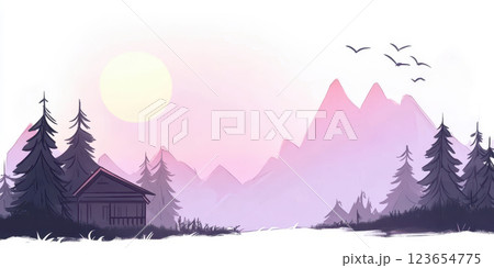 Serene sunrise over misty mountains with a cabin and flying birds, AI Generative 123654775